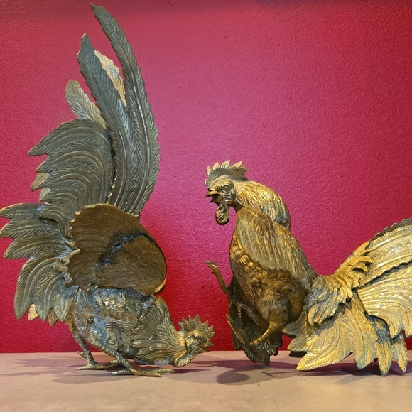 Fighting Roosters Gamecocks Figurine Set Brass Made In Italy - Picture 5 of 6